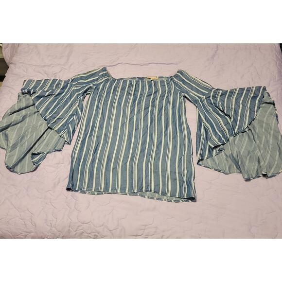 Appraisal Womens Blue Stripe Off Shoulder Shirt Flounce Bell Sleeve Imported Sm - Picture 1 of 8